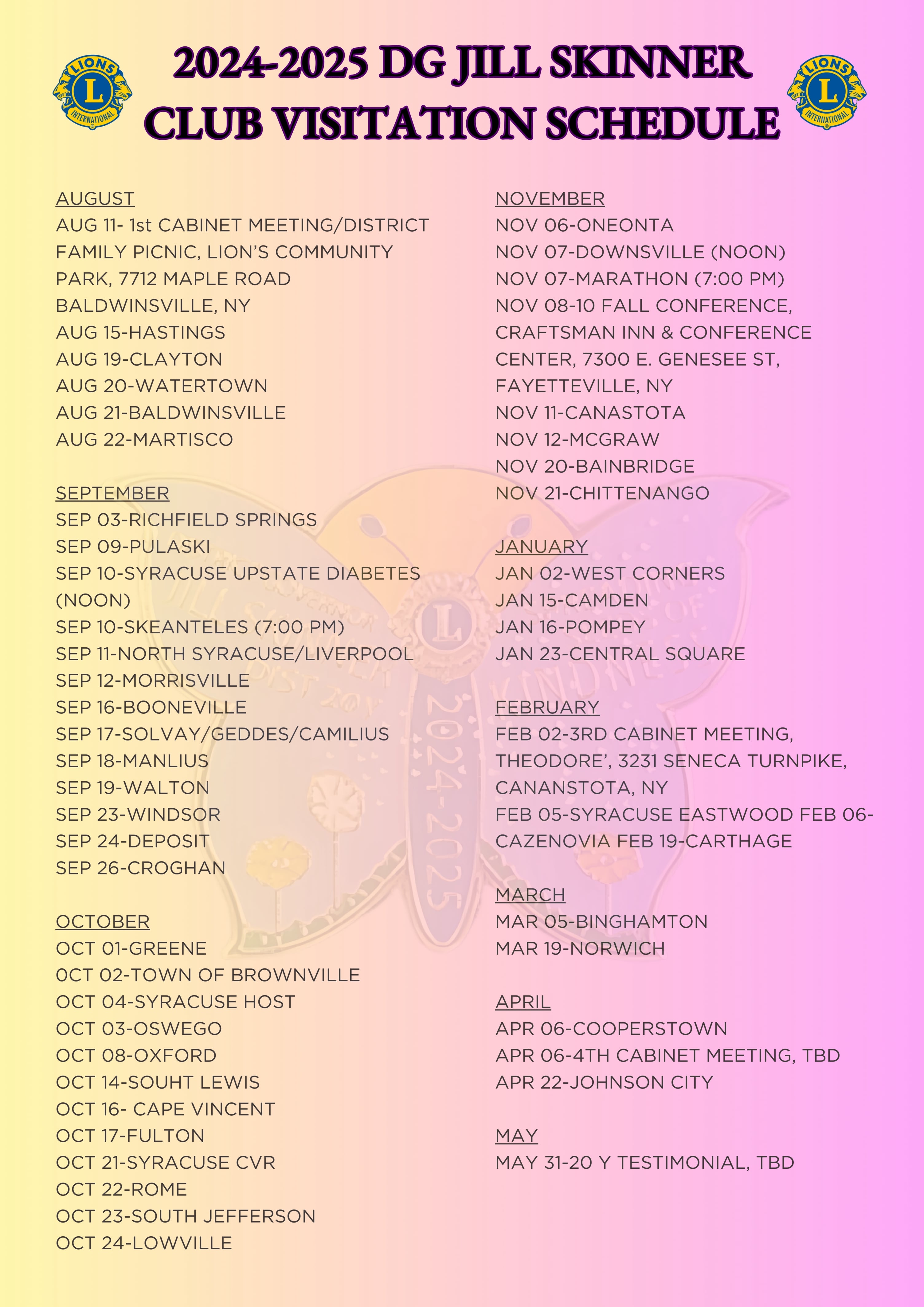 DG Jill visitation schedule